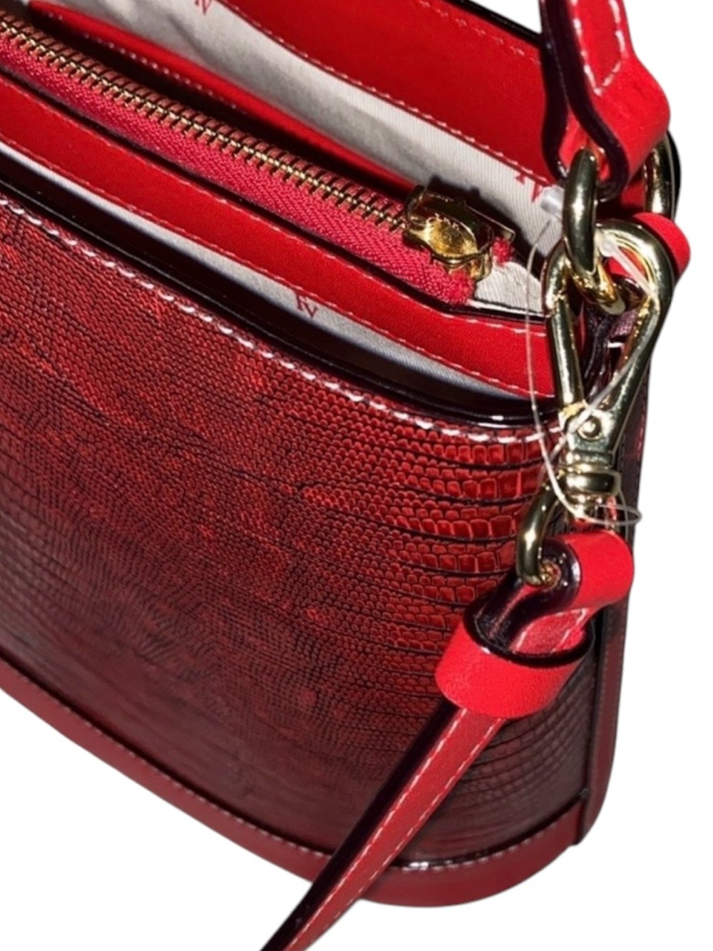 Frances Valentine Stella Slim Red Snake Embossed Crossbody Bucketbag - Picture 9 of 16